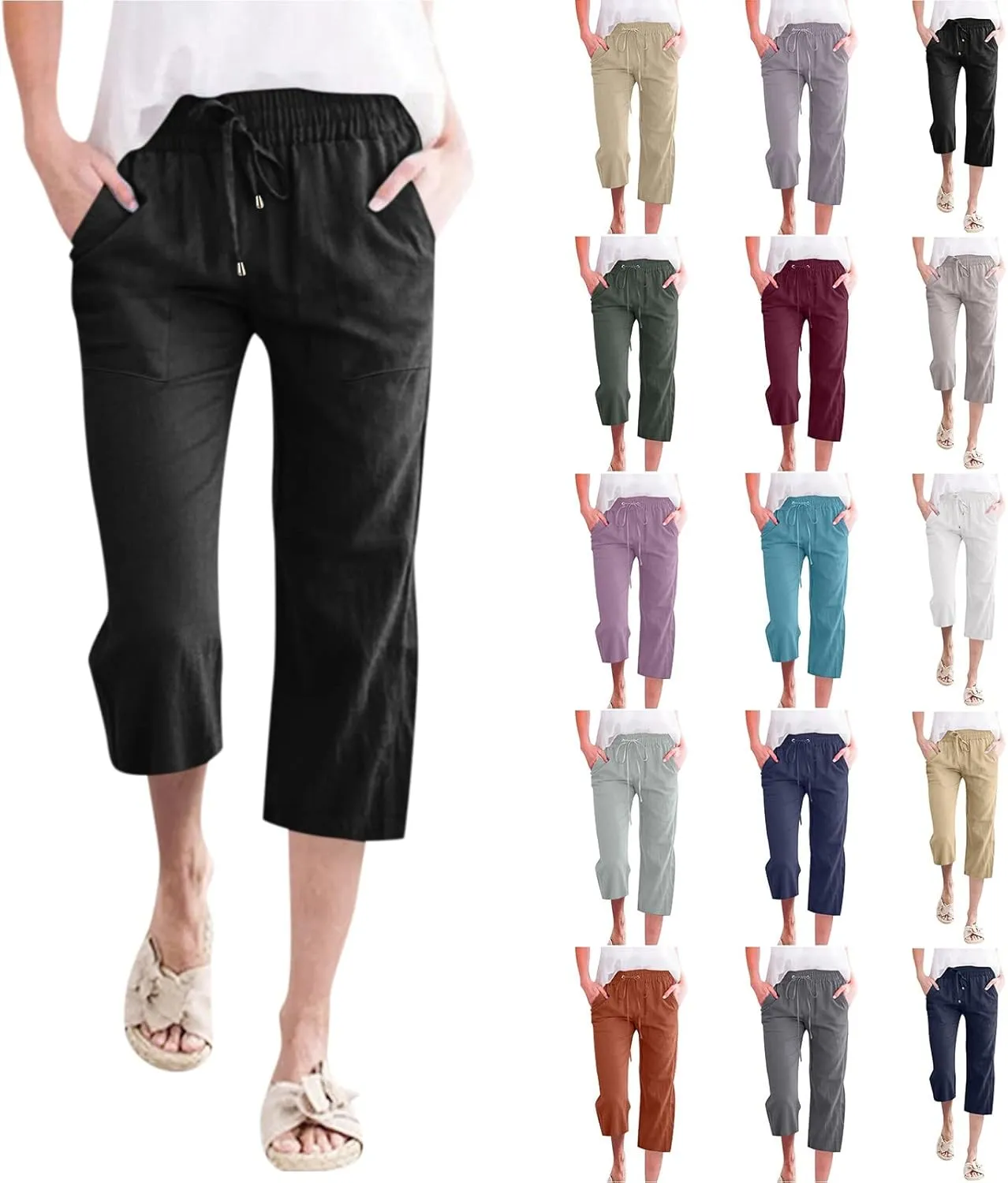Women's Linen Pants Drawstring Elastic High Waist Capri Pants Summer Casual Wide Leg Plus Size Trousers with Pocket