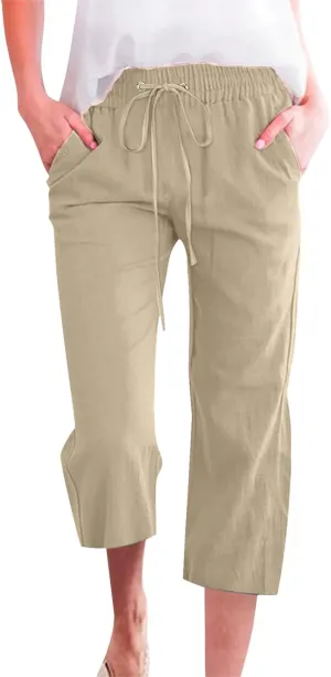 Women's Linen Pants Drawstring Elastic High Waist Capri Pants Summer Casual Wide Leg Plus Size Trousers with Pocket