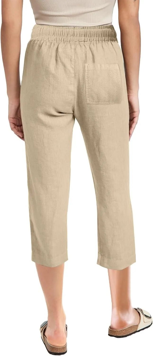 Women's Linen Pants Drawstring Elastic High Waist Capri Pants Summer Casual Wide Leg Plus Size Trousers with Pocket
