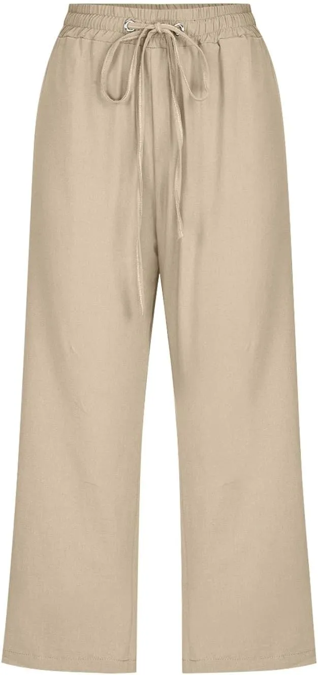 Women's Linen Pants Drawstring Elastic High Waist Capri Pants Summer Casual Wide Leg Plus Size Trousers with Pocket