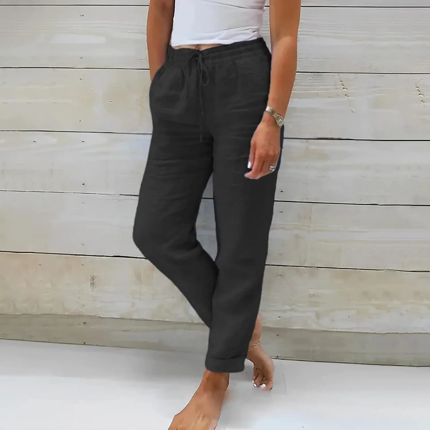 Womens Linen Pants High Waist Loose Fit Summer Straight Pants Drawstring Elastic Oversize Solid Color Casual Trouser