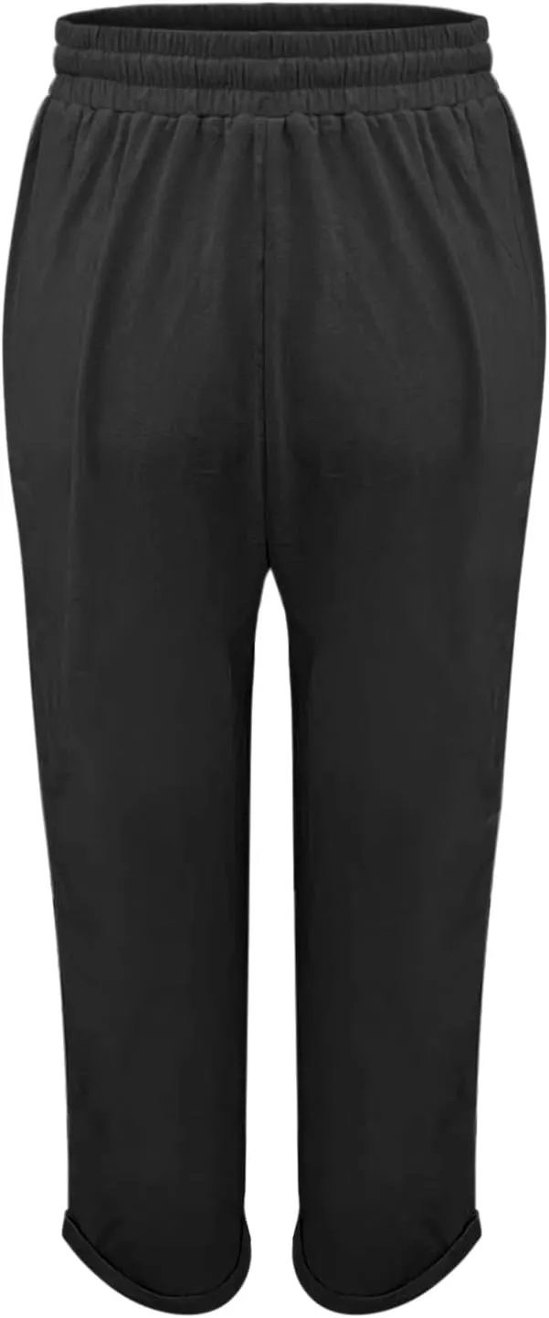 Womens Linen Pants High Waist Loose Fit Summer Straight Pants Drawstring Elastic Oversize Solid Color Casual Trouser