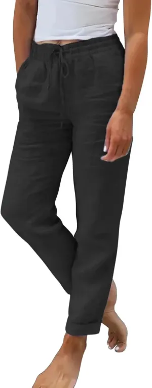 Womens Linen Pants High Waist Loose Fit Summer Straight Pants Drawstring Elastic Oversize Solid Color Casual Trouser