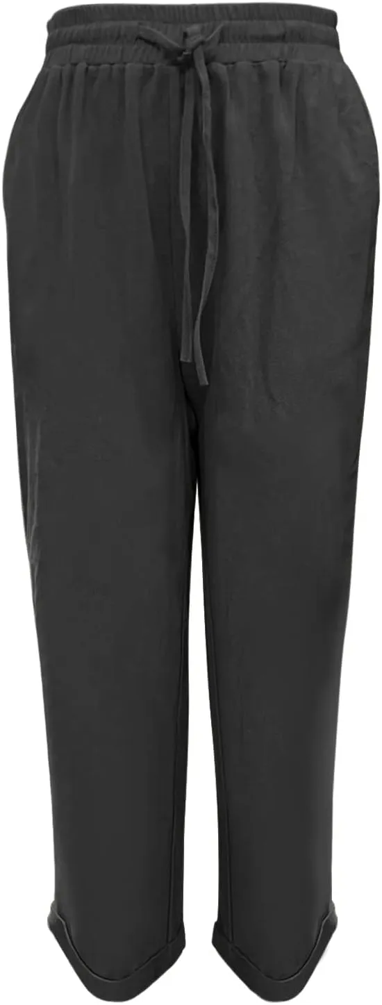 Womens Linen Pants High Waist Loose Fit Summer Straight Pants Drawstring Elastic Oversize Solid Color Casual Trouser