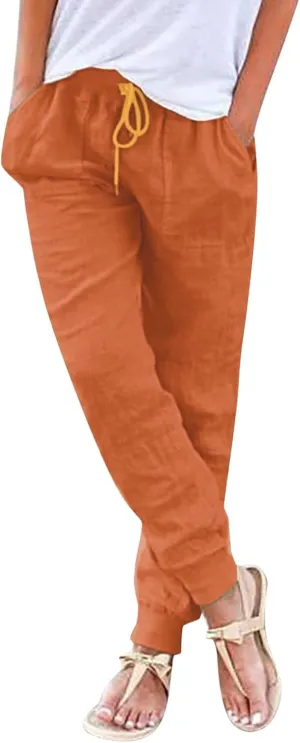 Womens Linen Pants Joggers Casual High Waisted Drawstring Trousers Lightweight Summer Beach Pants with Pockets