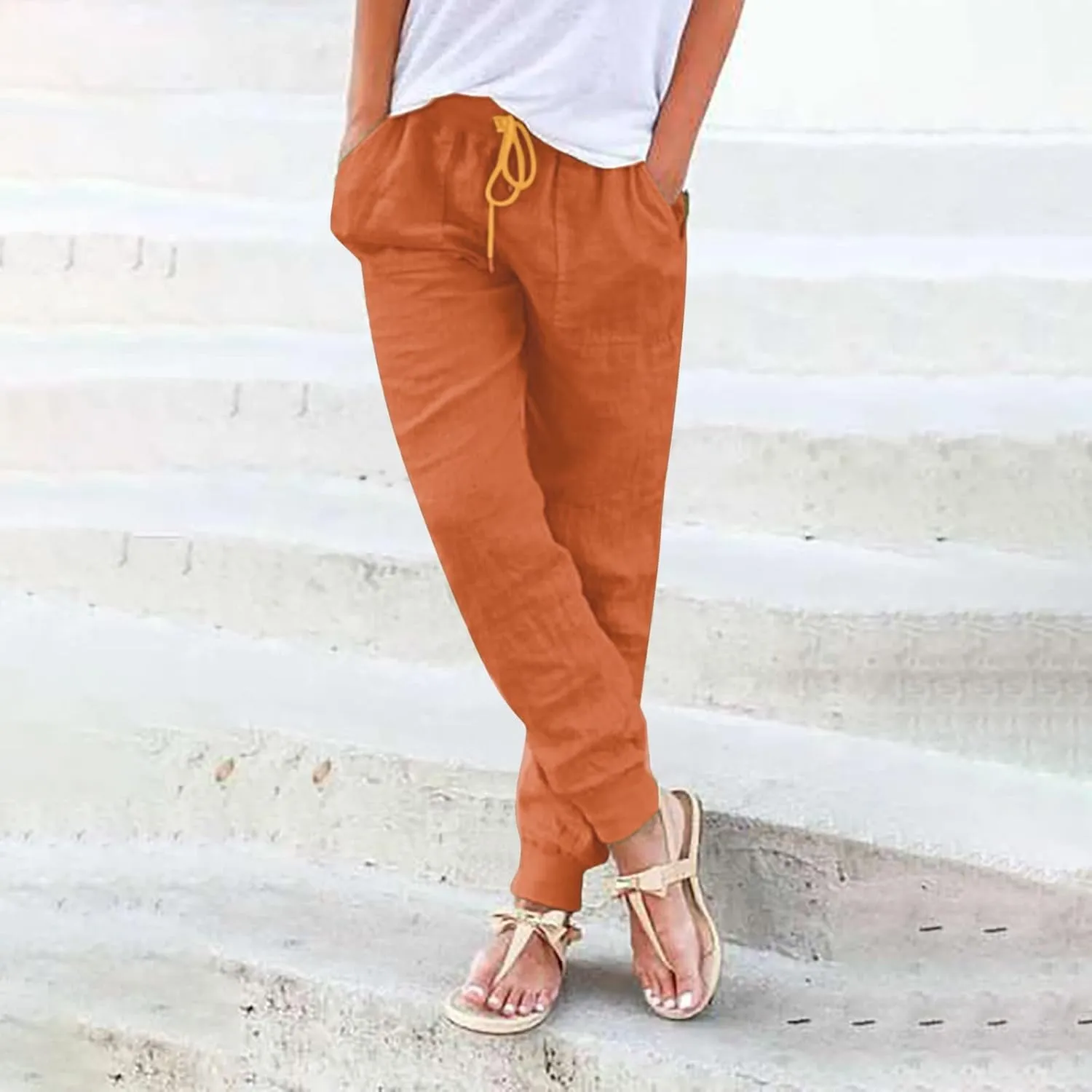 Womens Linen Pants Joggers Casual High Waisted Drawstring Trousers Lightweight Summer Beach Pants with Pockets