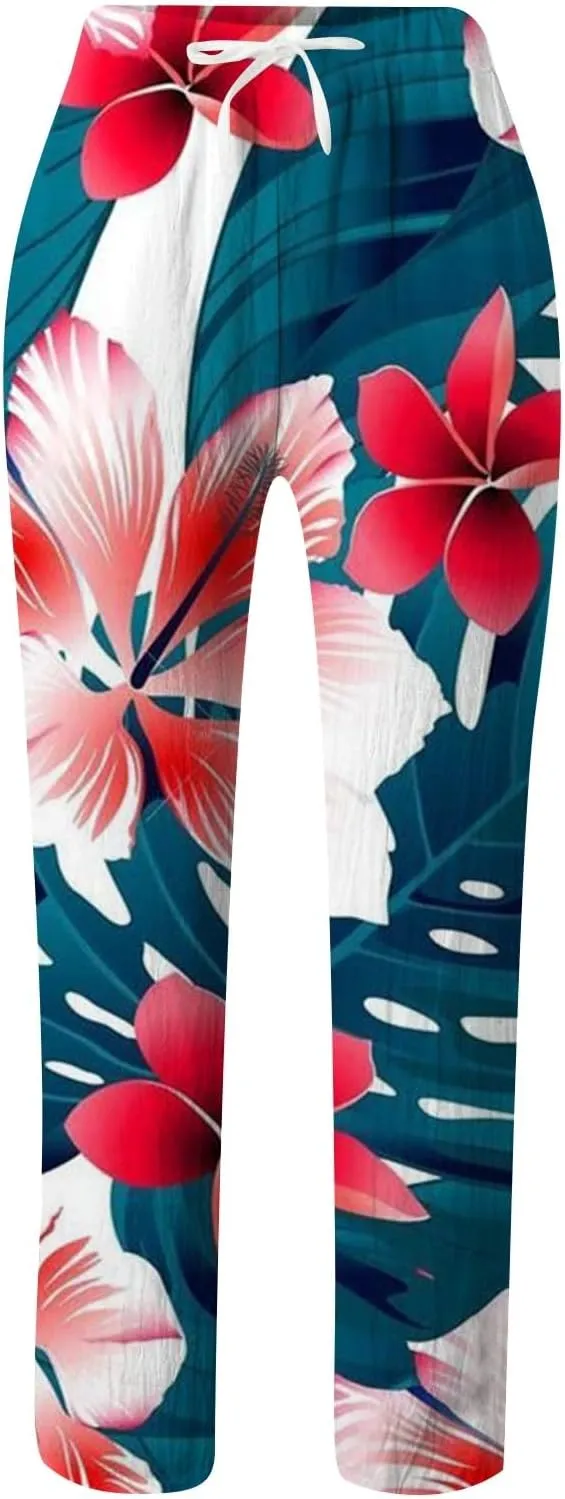 Women's Linen Pants Palazzo Baggy Pants Cotton Boho Casual Gauze Long Pant Wide Leg Lounge Trousers with Pockets