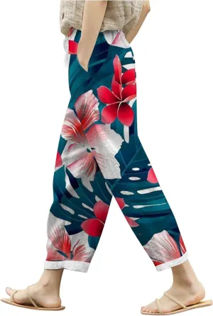 Women's Linen Pants Palazzo Baggy Pants Cotton Boho Casual Gauze Long Pant Wide Leg Lounge Trousers with Pockets