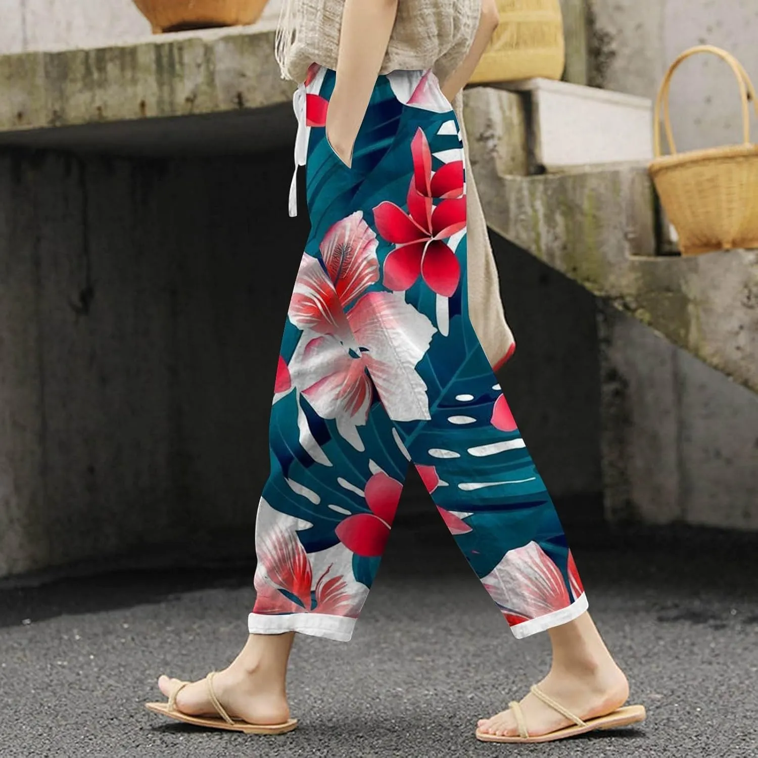 Women's Linen Pants Palazzo Baggy Pants Cotton Boho Casual Gauze Long Pant Wide Leg Lounge Trousers with Pockets