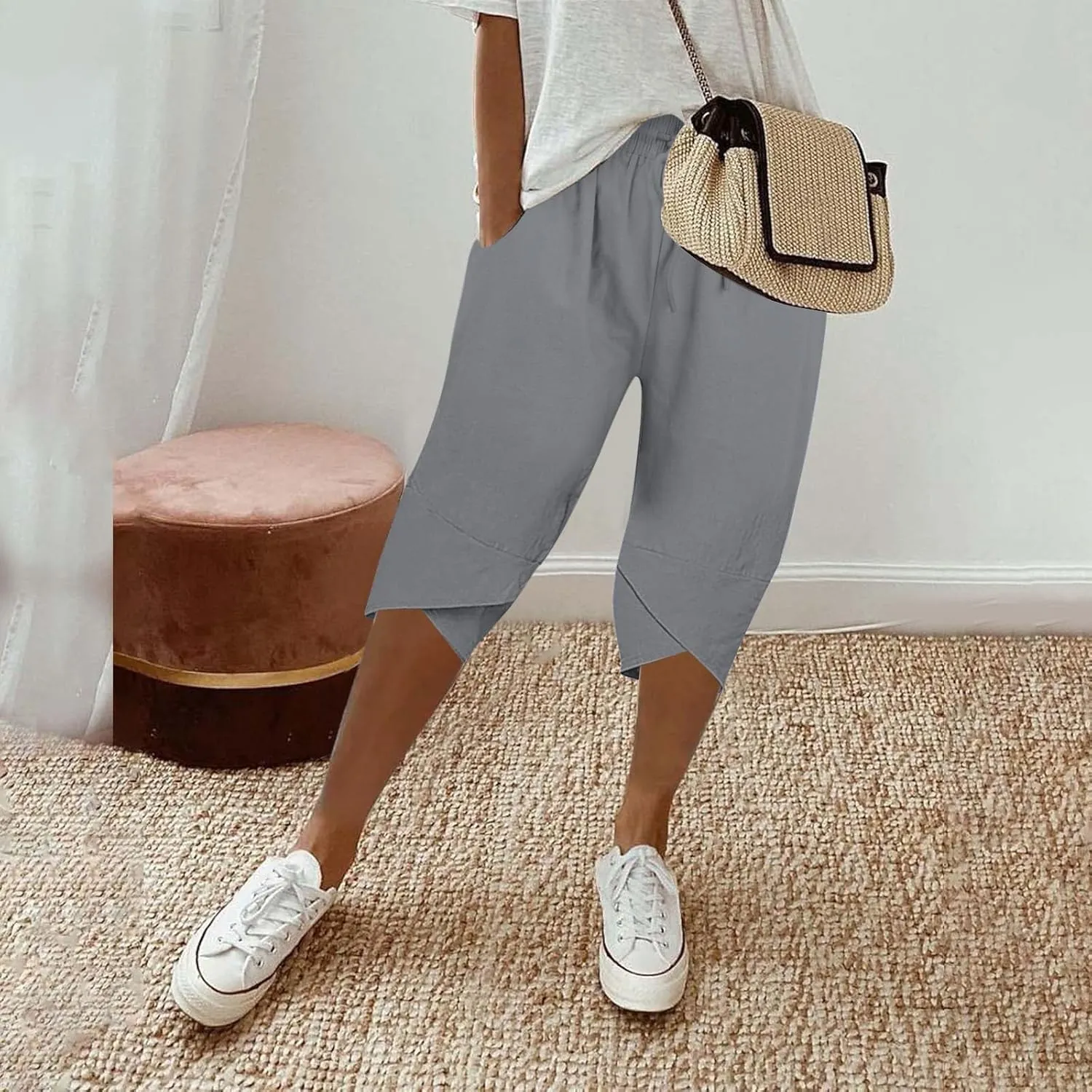 Women's Linen Pants Wide Leg Work Dress Pants Drawstring Casual Solid Color Shorts Cotton Linen Pants Casual 2025