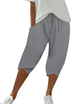 Women's Linen Pants Wide Leg Work Dress Pants Drawstring Casual Solid Color Shorts Cotton Linen Pants Casual 2025