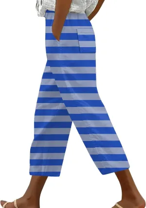 Women's Linen Summer Palazzo Pants Linen Elastic Seven Pants Beach Casual Pants Linen Loose Drawstring Elastic Waist