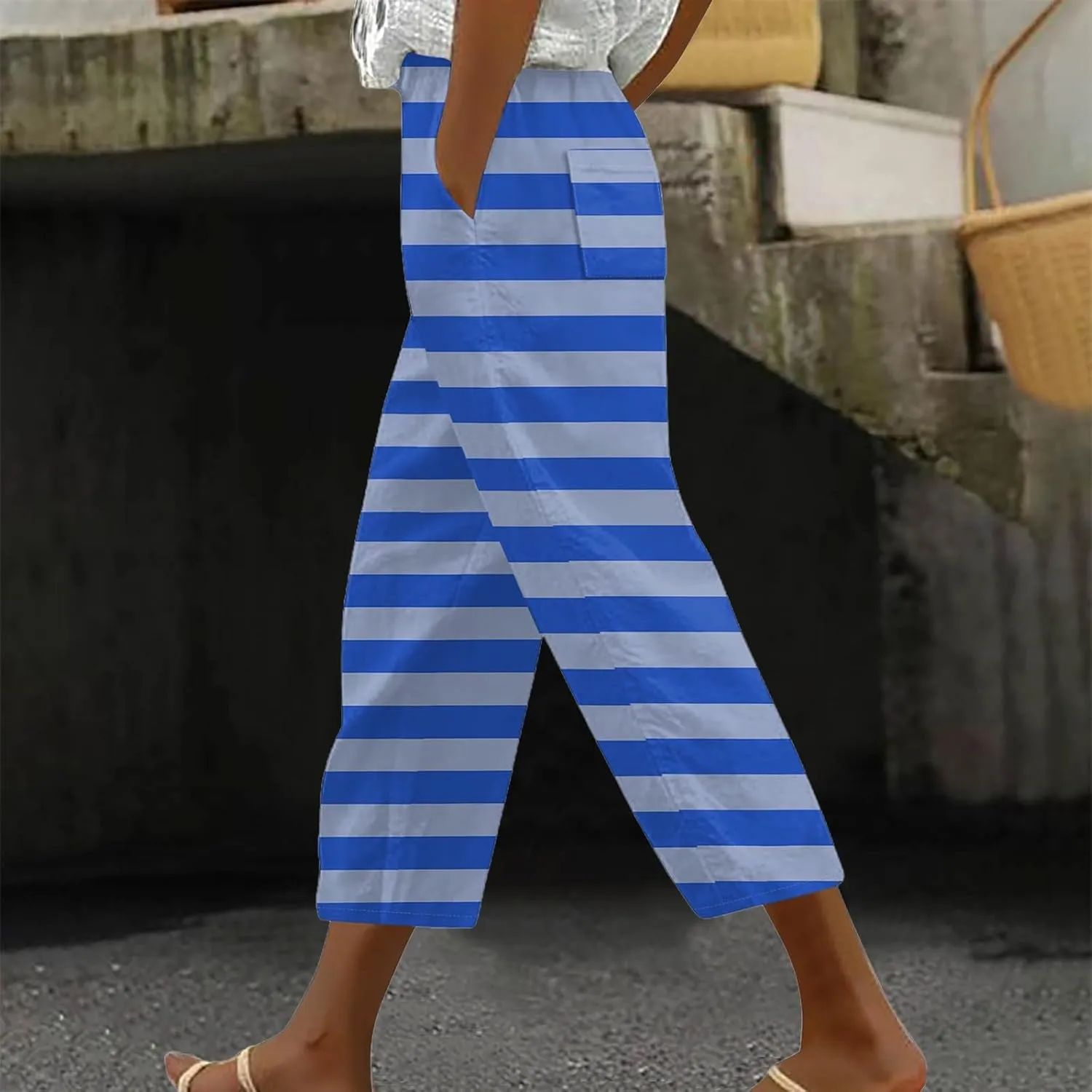Women's Linen Summer Palazzo Pants Linen Elastic Seven Pants Beach Casual Pants Linen Loose Drawstring Elastic Waist