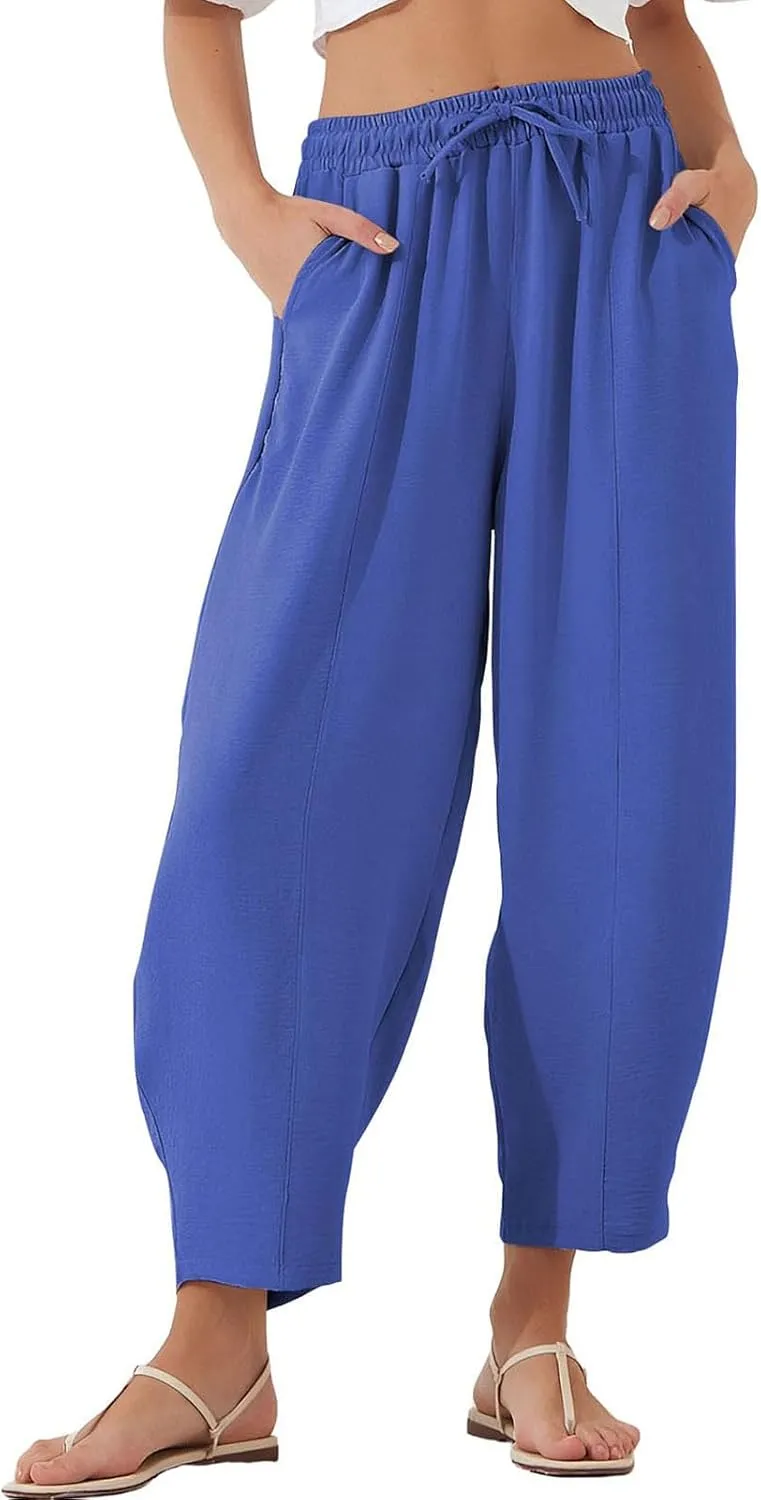 Womens Linen Wide Leg Pants Summer High Waisted Drawstring Elastic Travel Vacation Harem Trousers with Pockets