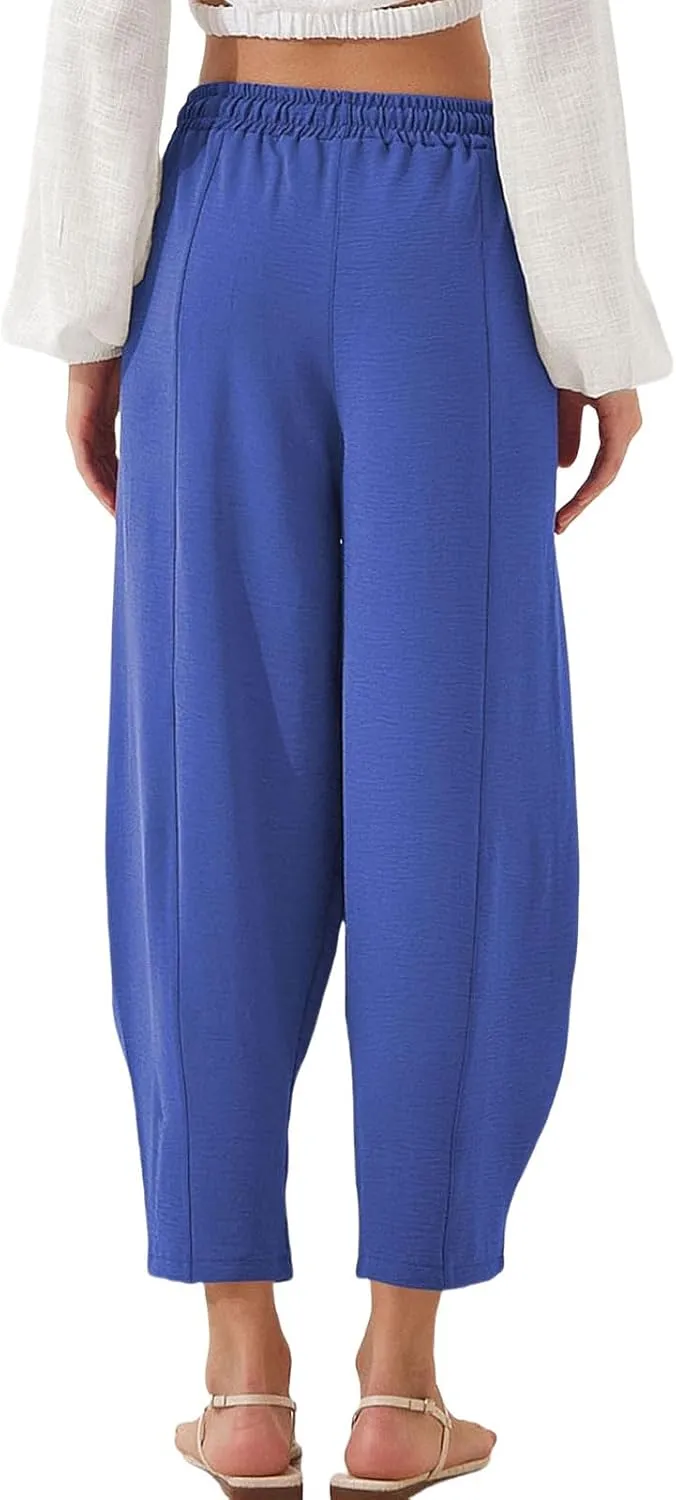 Womens Linen Wide Leg Pants Summer High Waisted Drawstring Elastic Travel Vacation Harem Trousers with Pockets