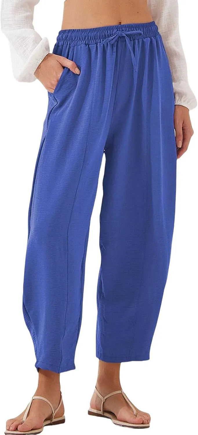 Womens Linen Wide Leg Pants Summer High Waisted Drawstring Elastic Travel Vacation Harem Trousers with Pockets