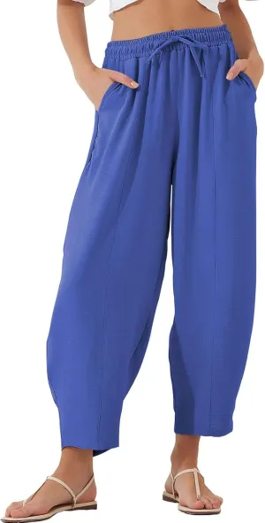 Womens Linen Wide Leg Pants Summer High Waisted Drawstring Elastic Travel Vacation Harem Trousers with Pockets