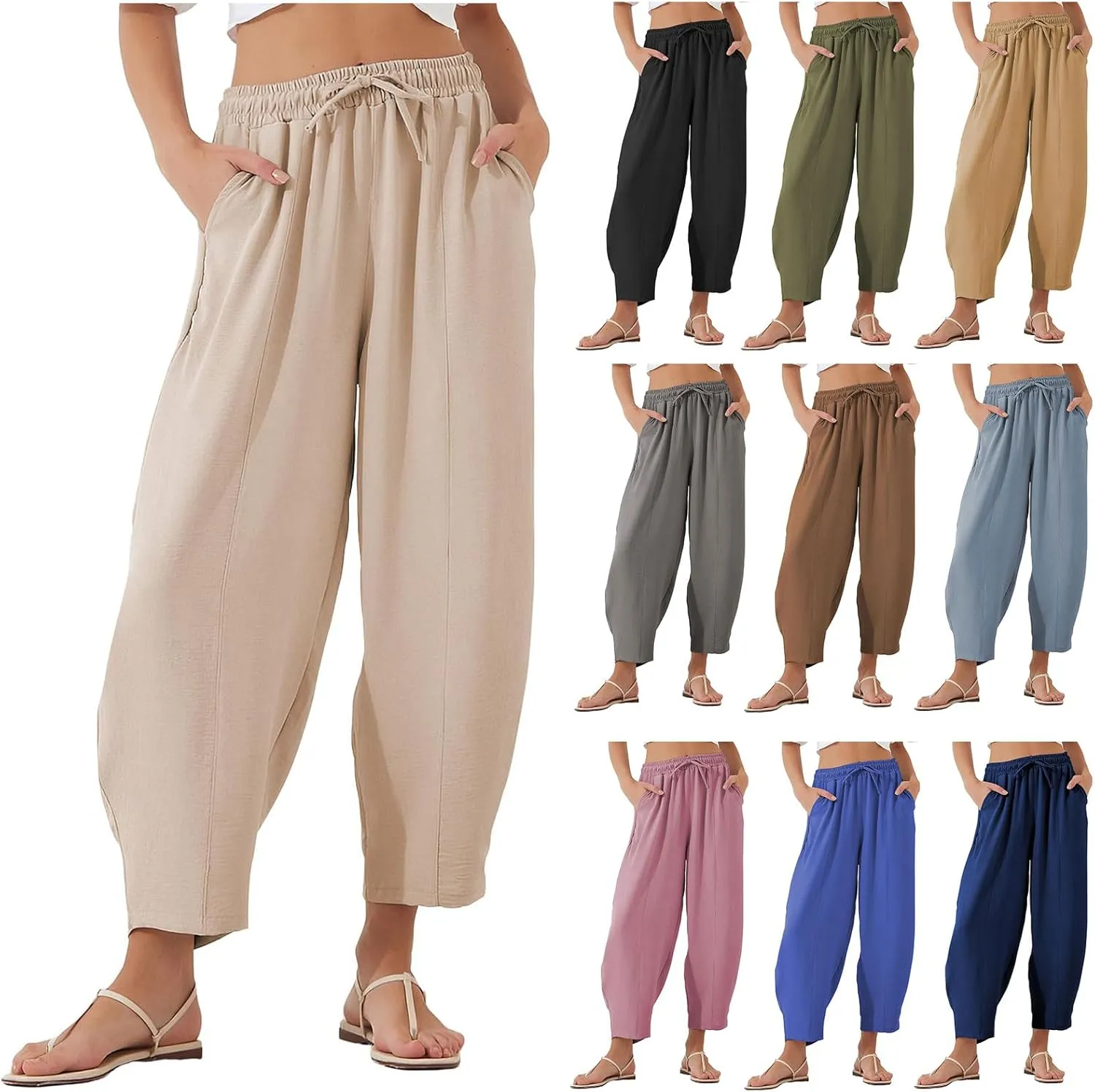 Womens Linen Wide Leg Pants Summer High Waisted Drawstring Elastic Travel Vacation Harem Trousers with Pockets