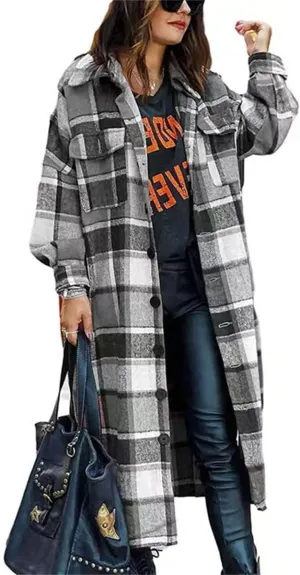 Womens Long Flannel Jacket Lounge Lapel Button Down Plaid Shirt Jacket Shacket Woolen Blend Trench Coat Cardigan Coats