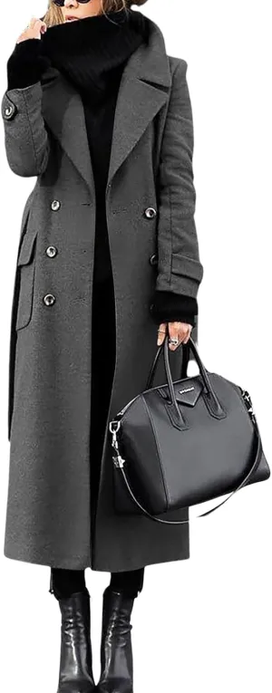 Womens Long Pea Coat Double Breasted Lapel Wool Blend Coat Casual Winter Overcoat