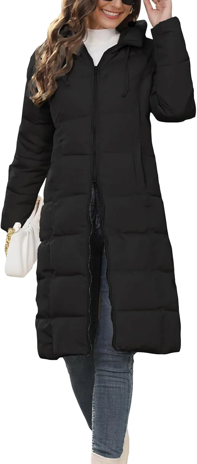 Women's Long Quilted Coat Puffer Jacket Winter Warm Long Sleeve Zip Up Padded Down Coat Outwear with Hood