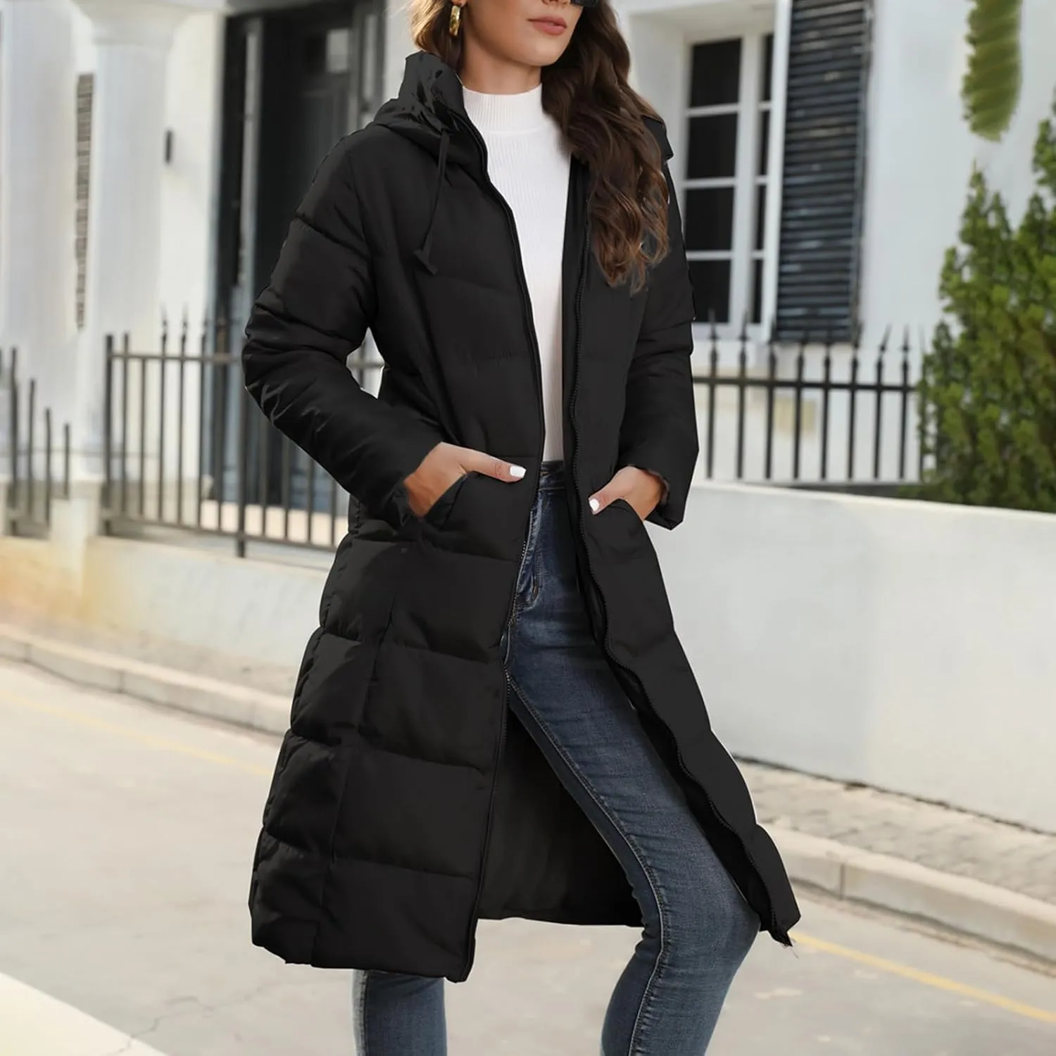 Women's Long Quilted Coat Puffer Jacket Winter Warm Long Sleeve Zip Up Padded Down Coat Outwear with Hood