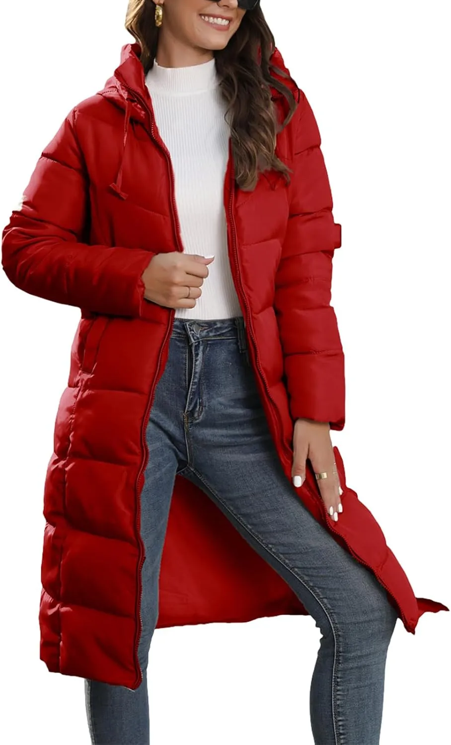Women's Long Quilted Coat Puffer Jacket Winter Warm Long Sleeve Zip Up Padded Down Coat Outwear with Hood