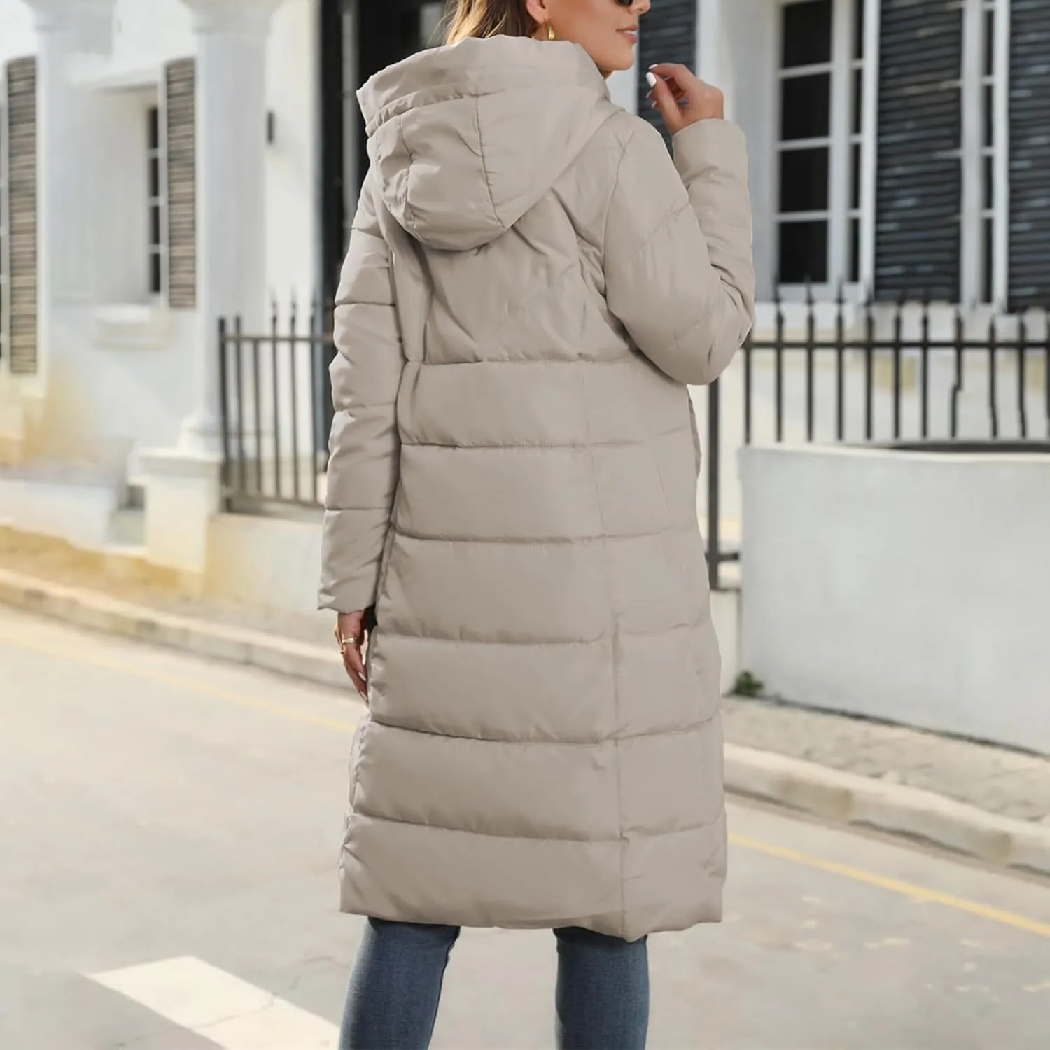 Women's Long Quilted Coat Puffer Jacket Winter Warm Long Sleeve Zip Up Padded Down Coat Outwear with Hood