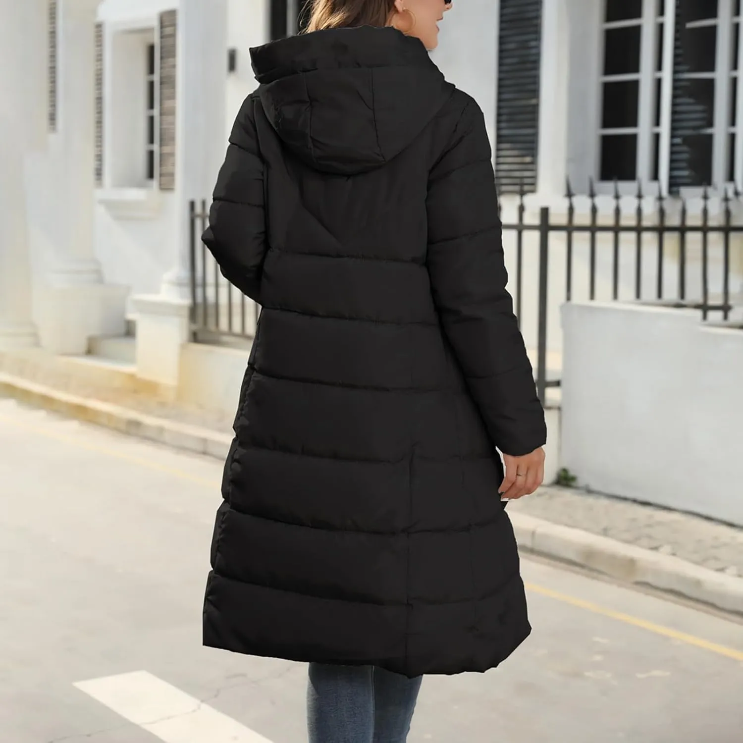 Women's Long Quilted Coat Puffer Jacket Winter Warm Long Sleeve Zip Up Padded Down Coat Outwear with Hood