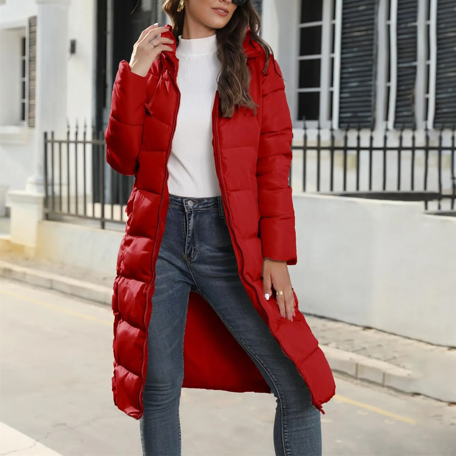 Women's Long Quilted Coat Puffer Jacket Winter Warm Long Sleeve Zip Up Padded Down Coat Outwear with Hood