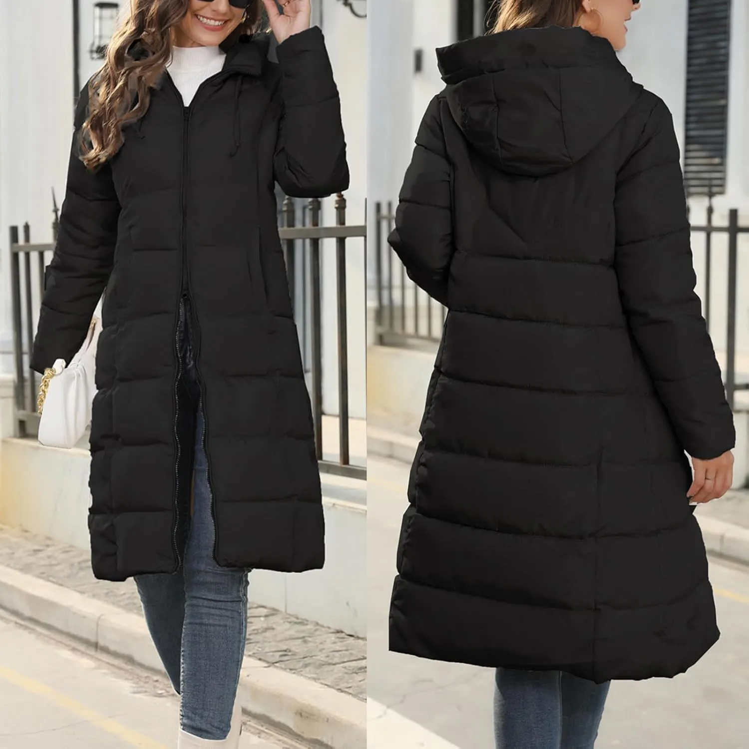 Women's Long Quilted Coat Puffer Jacket Winter Warm Long Sleeve Zip Up Padded Down Coat Outwear with Hood