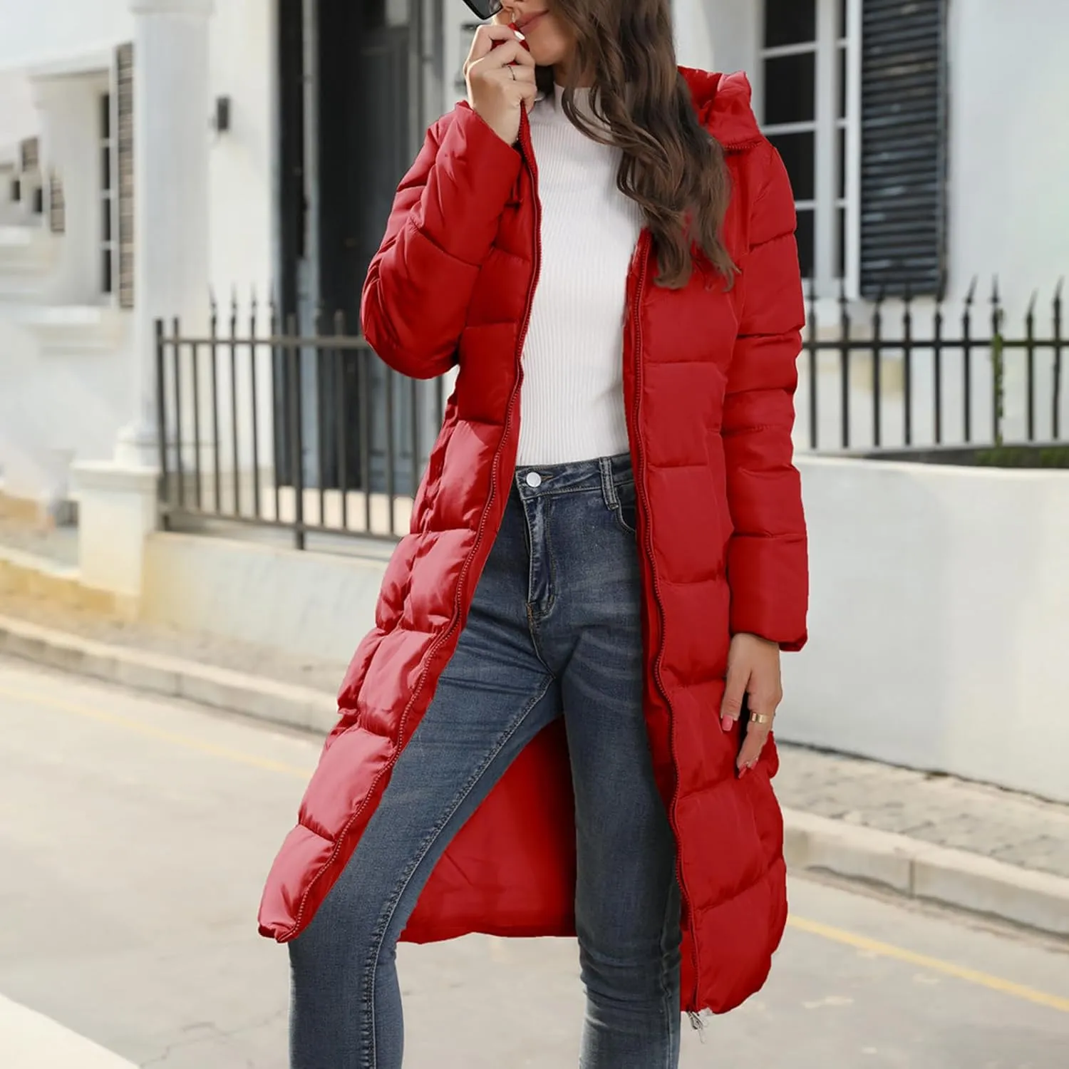 Women's Long Quilted Coat Puffer Jacket Winter Warm Long Sleeve Zip Up Padded Down Coat Outwear with Hood