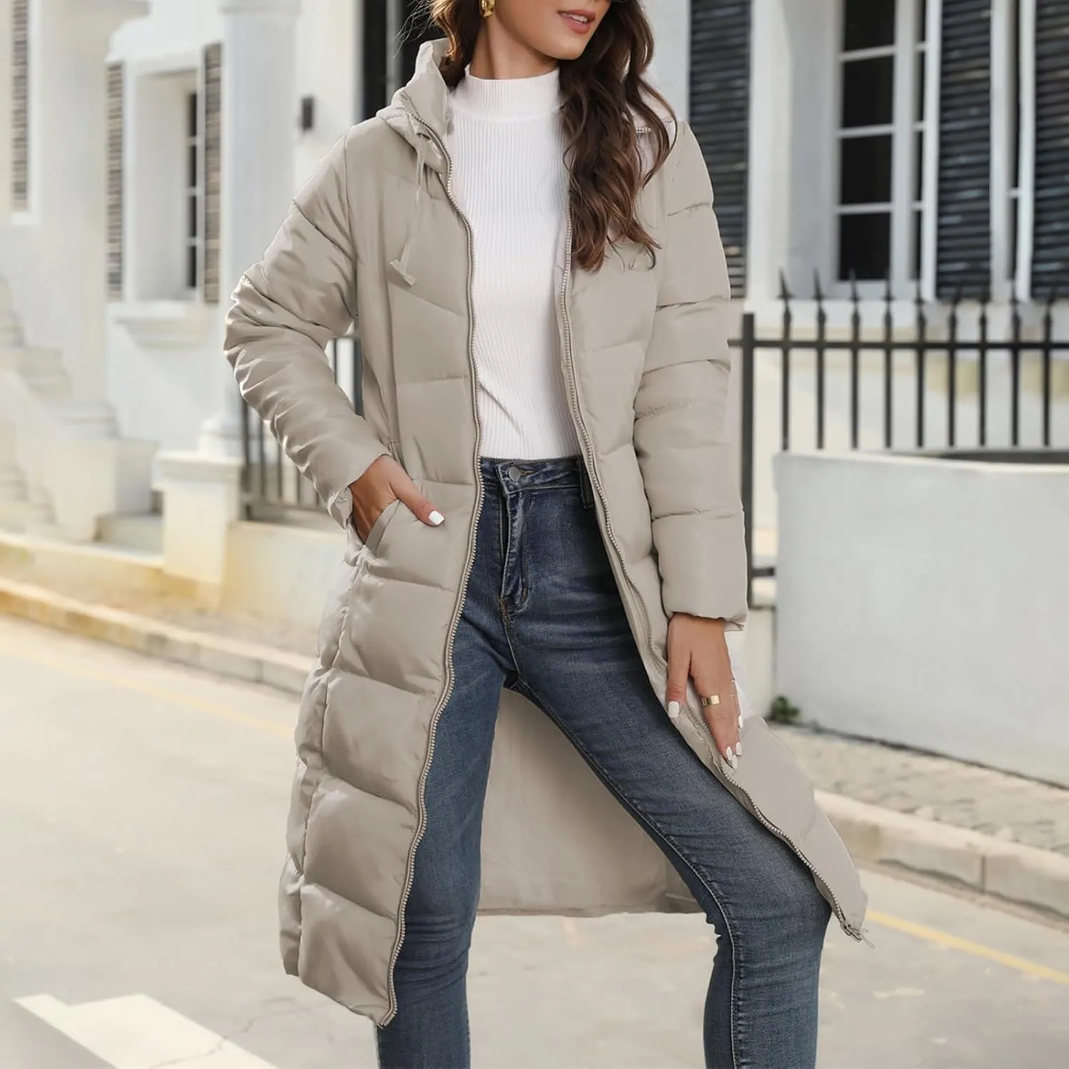 Women's Long Quilted Coat Puffer Jacket Winter Warm Long Sleeve Zip Up Padded Down Coat Outwear with Hood
