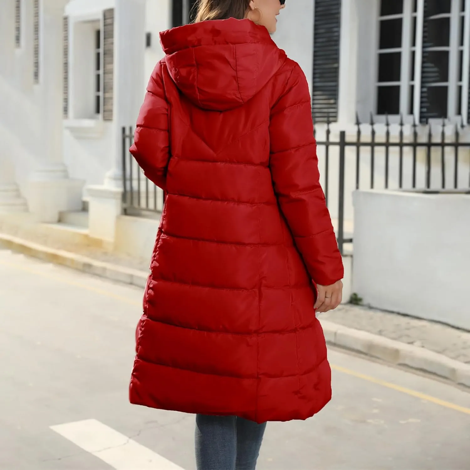 Women's Long Quilted Coat Puffer Jacket Winter Warm Long Sleeve Zip Up Padded Down Coat Outwear with Hood