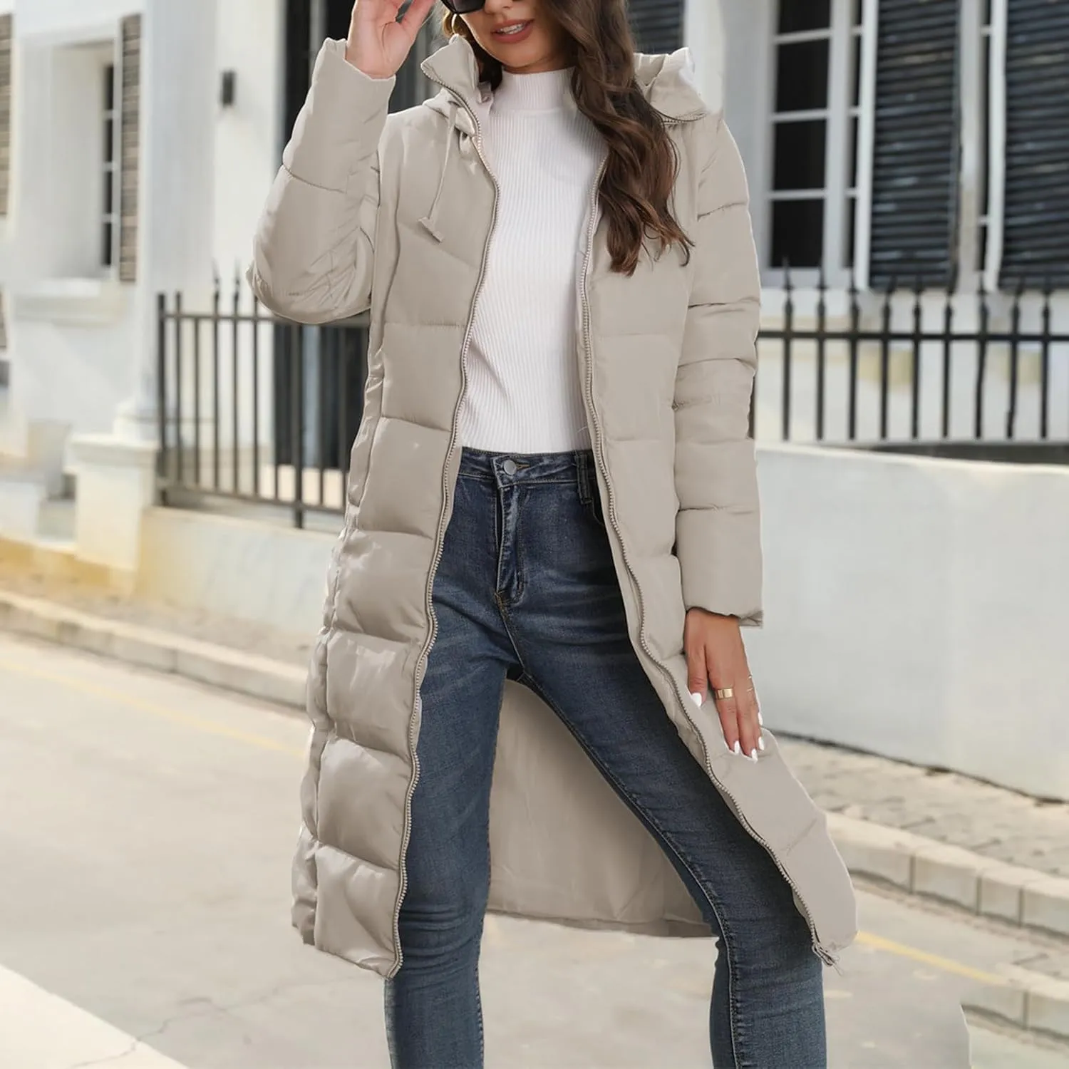 Women's Long Quilted Coat Puffer Jacket Winter Warm Long Sleeve Zip Up Padded Down Coat Outwear with Hood