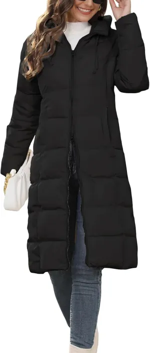 Women's Long Quilted Coat Puffer Jacket Winter Warm Long Sleeve Zip Up Padded Down Coat Outwear with Hood