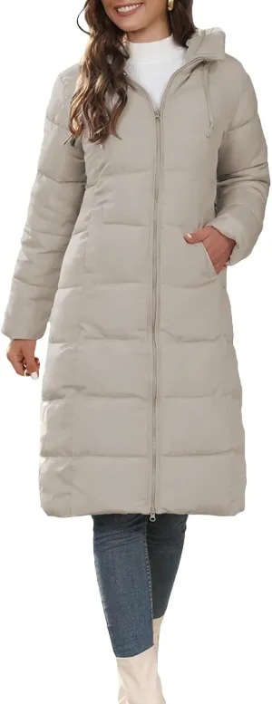 Women's Long Quilted Coat Puffer Jacket Winter Warm Long Sleeve Zip Up Padded Down Coat Outwear with Hood