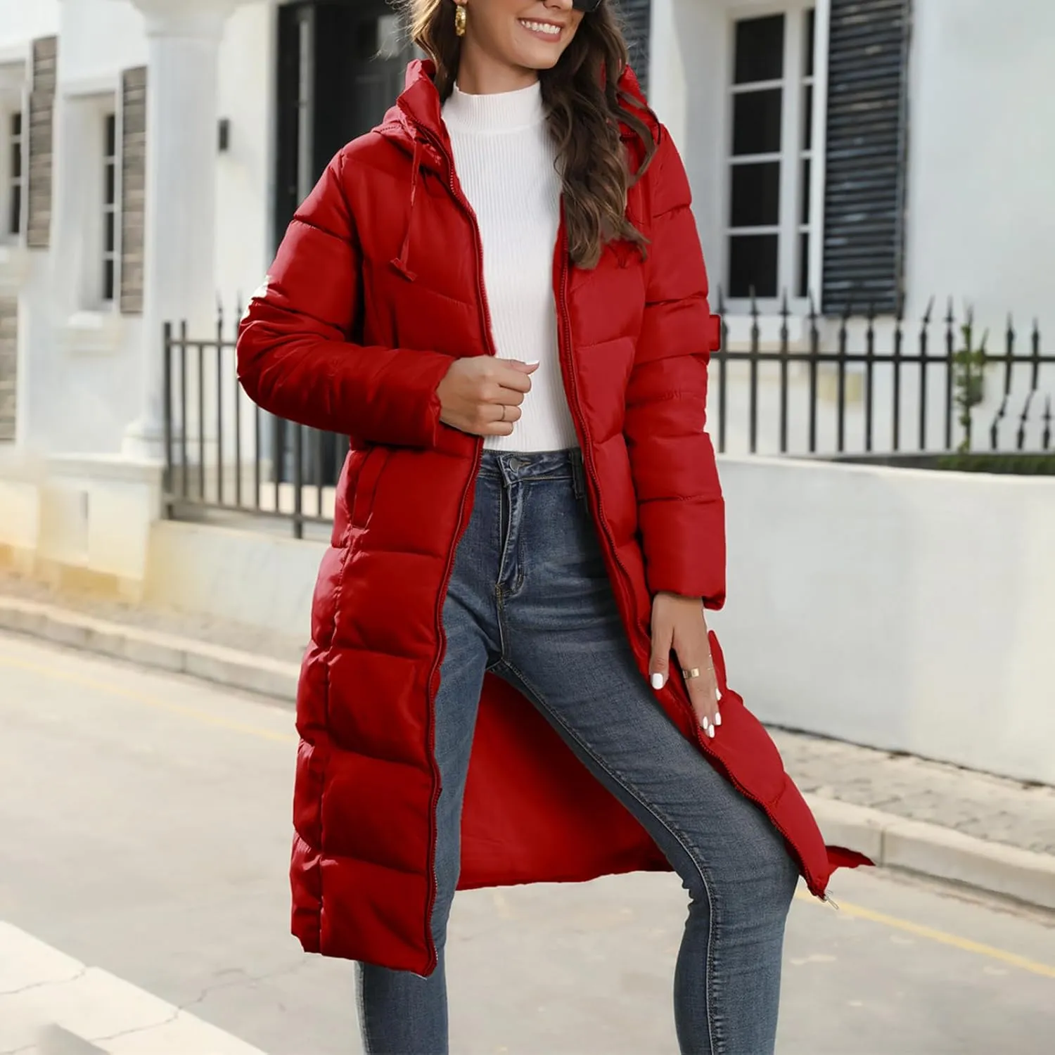 Women's Long Quilted Coat Puffer Jacket Winter Warm Long Sleeve Zip Up Padded Down Coat Outwear with Hood