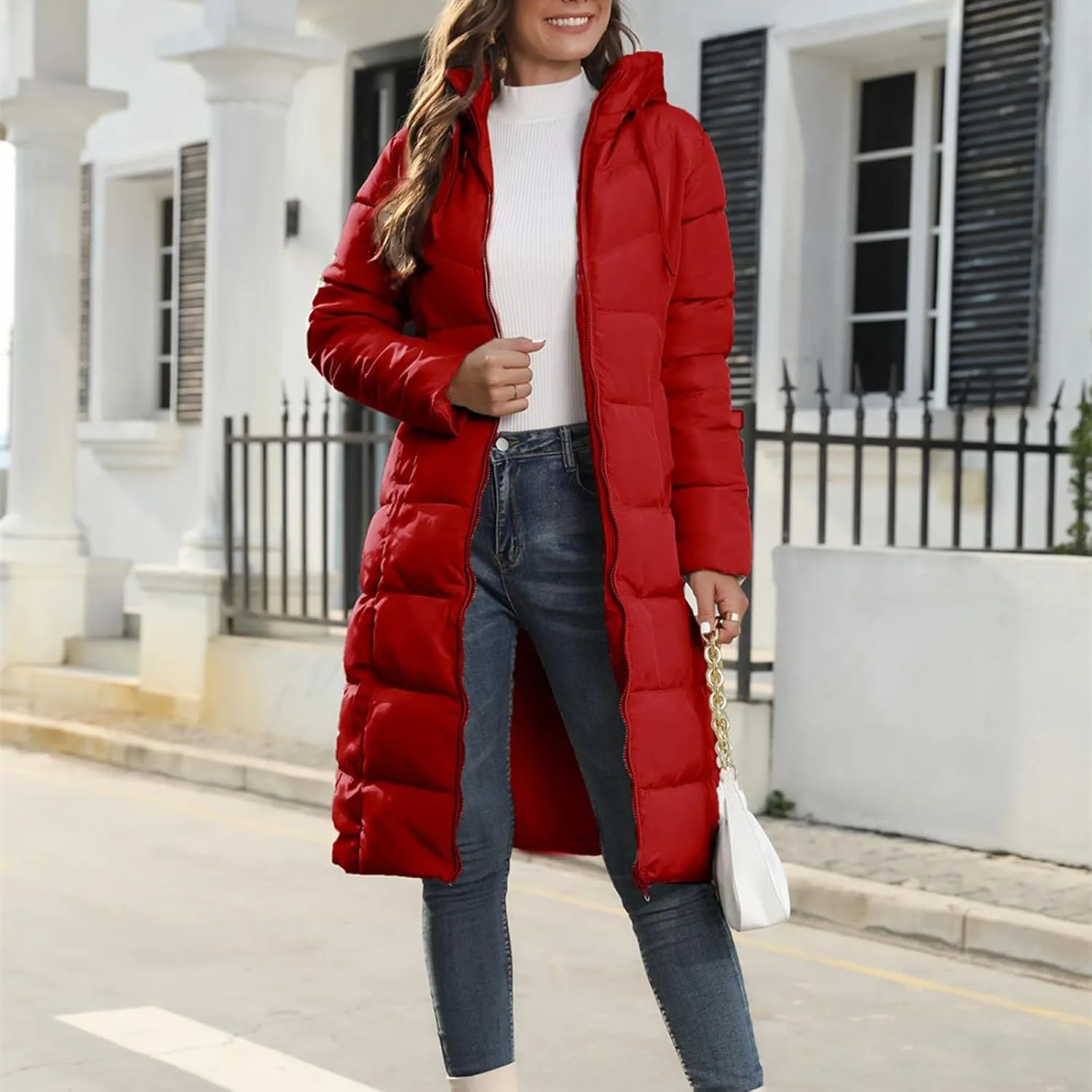 Women's Long Quilted Coat Puffer Jacket Winter Warm Long Sleeve Zip Up Padded Down Coat Outwear with Hood