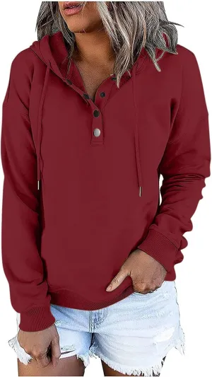 Womens Long Sleeve Fleece Hoodies 1/4 Button Sweatshirts Loose Fit Casual Fashion Pullover Tops with Pocket