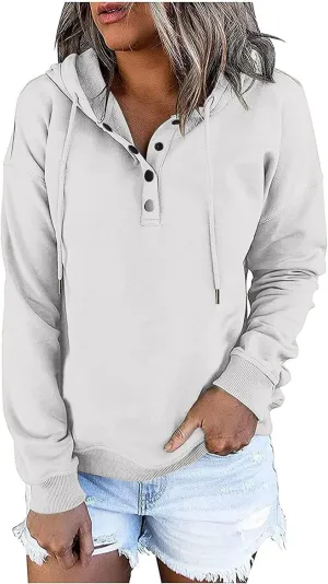 Womens Long Sleeve Fleece Hoodies 1/4 Button Sweatshirts Loose Fit Casual Fashion Pullover Tops with Pocket