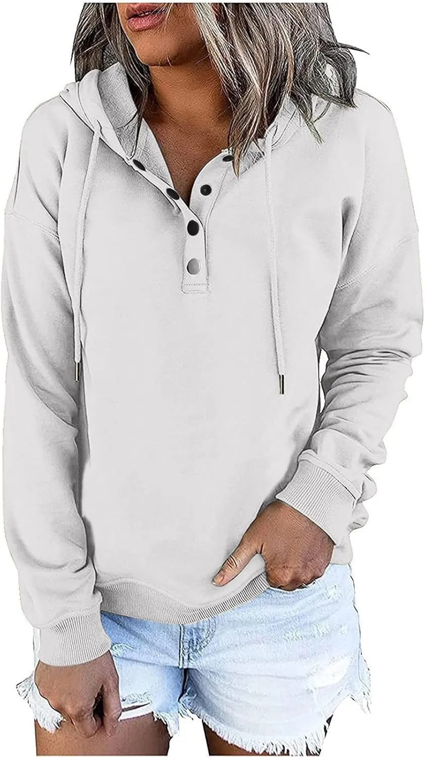 Womens Long Sleeve Fleece Hoodies 1/4 Button Sweatshirts Loose Fit Casual Fashion Pullover Tops with Pocket