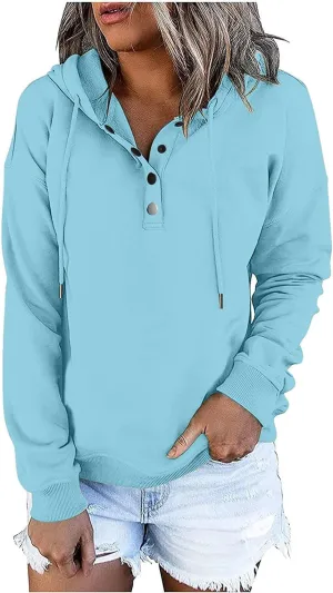 Womens Long Sleeve Fleece Hoodies 1/4 Button Sweatshirts Loose Fit Casual Fashion Pullover Tops with Pocket