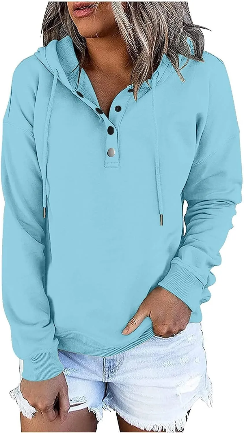 Womens Long Sleeve Fleece Hoodies 1/4 Button Sweatshirts Loose Fit Casual Fashion Pullover Tops with Pocket
