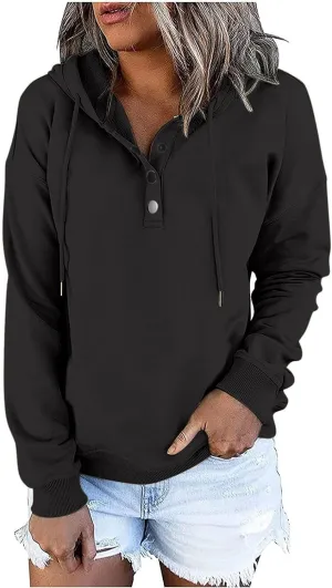 Womens Long Sleeve Fleece Hoodies 1/4 Button Sweatshirts Loose Fit Casual Fashion Pullover Tops with Pocket