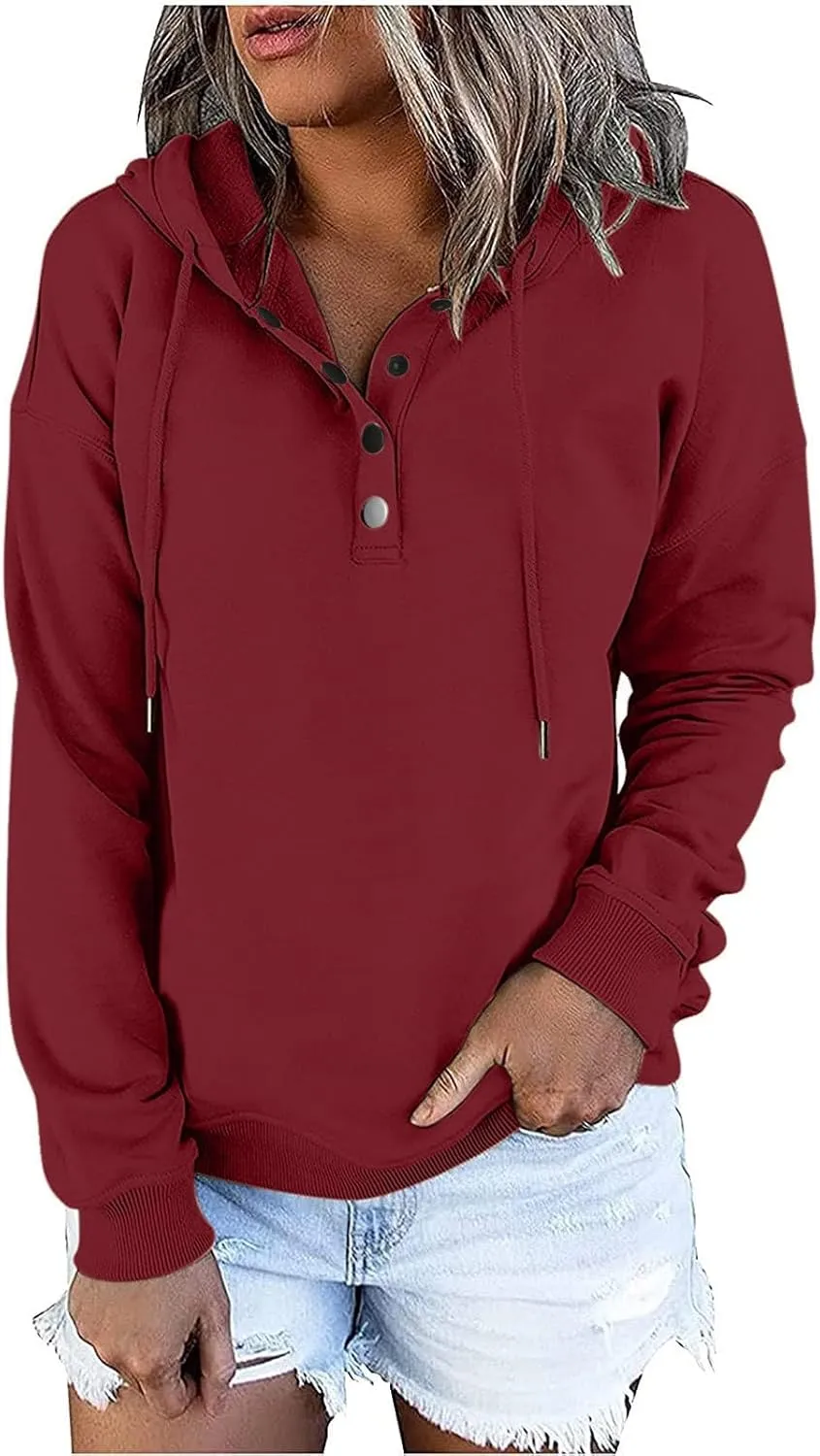 Womens Long Sleeve Fleece Hoodies 1/4 Button Sweatshirts Loose Fit Casual Fashion Pullover Tops with Pocket