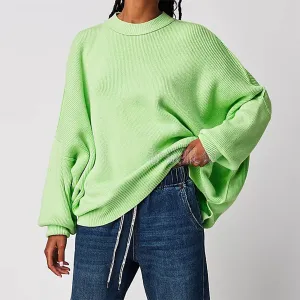 Women's Loose-Fit Green Knitted Jumper with Side Slits | Ideal for Autumn/Winter