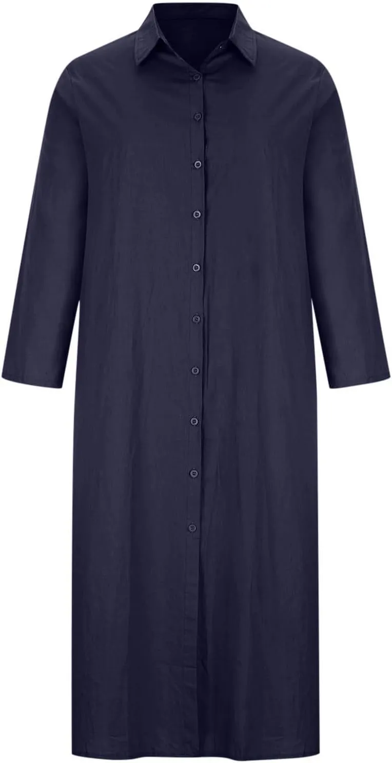 Women's Maxi Dress Fall Casual 2024 V-Neck Button Down a Line Lapels Shirt Dress Pleated Plus Size Flowy Long Dresses