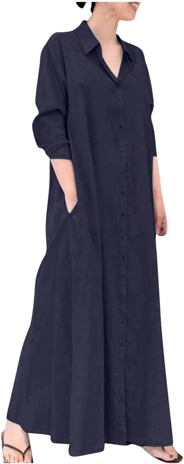 Women's Maxi Dress Fall Casual 2024 V-Neck Button Down a Line Lapels Shirt Dress Pleated Plus Size Flowy Long Dresses