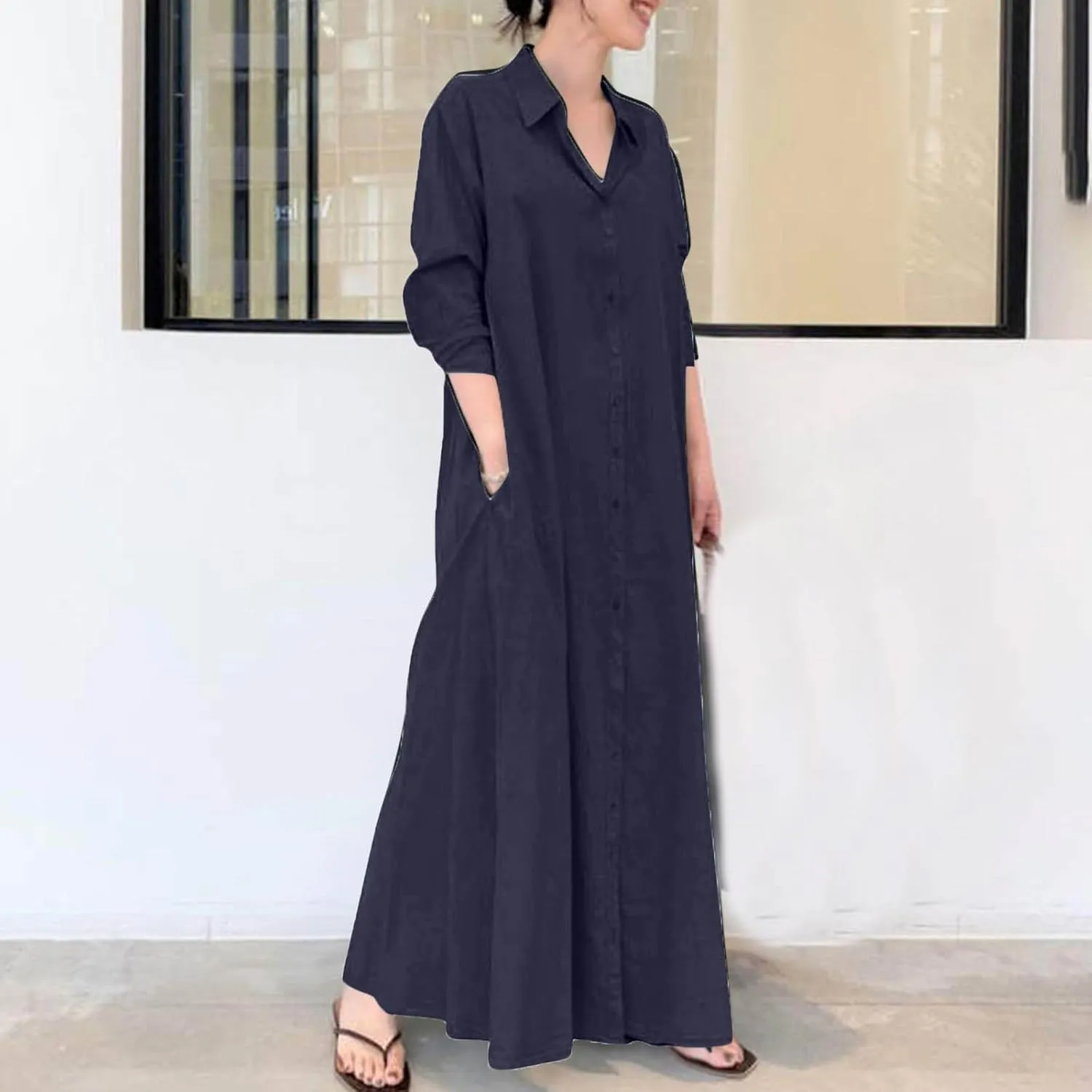 Women's Maxi Dress Fall Casual 2024 V-Neck Button Down a Line Lapels Shirt Dress Pleated Plus Size Flowy Long Dresses